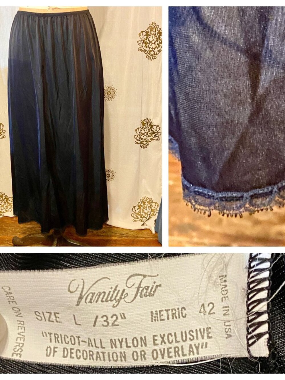 VANITY FAIR Black Full Half Slip Skirt Petticoat LACE Nylon L USA Coquette EUC